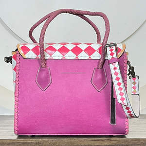 Bolso Tote de Cuero Hecho a Mano, Diseño a Cuadros Rosa y Blanco, Elegante Bolso de Mano para Mujer, Bolso Bandolera, Bolso de Viaje, Bolso de Trabajo - Product Image 5