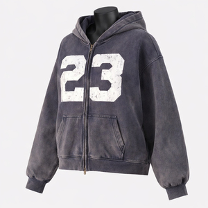 Glory Custom Washed <b>Fleece</b> Zip Up Hoodie Heavyweight Cotton Distressed Graphic Streetwear Oversized Men Winter <b>Jacket</b> For Unisex - Product Image 3