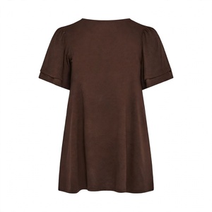 Tunique plissée marron à manches courtes pour femmes, t-shirt décontracté à col rond, vêtements d'été à la mode, doux et confortables, à porter au quotidien - Product Image 2