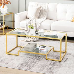 Moderno tavolino rettangolare a 2 livelli con piano in vetro mobile da soggiorno - Product Image 3