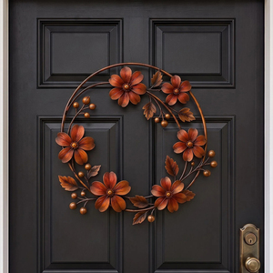 Gorgeous Brown Metal Hoop <b>Wreath</b> Featuring Layered Blossoms And Berries, Elegant All Season Front Door Seasonal Wall Decoration - Product Image 1