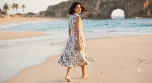 Robe chemise midi sans manches pour femme, motif floral bleu et blanc, taille froncée, en coton extensible, boutonnée sur le devant avec poches - Product Image 2