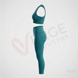 Ensemble 2 pièces de yoga pour femme : Crop top côtelé vert sarcelle sans manches à col rond et leggings taille haute - Product Image 3