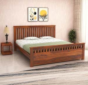 Contemporary Solid Teak <b>Bed</b> <b>Frame</b> with Slatted Headboard and Modern Design - Product Image 1