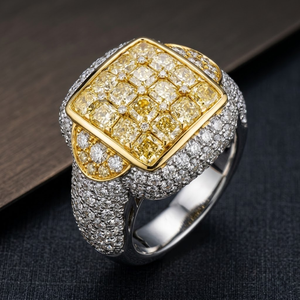 Anillo de boda y cóctel de lujo vintage de oro amarillo de 18K con diamantes, para mujer, con diseño de cojín elegante, racimo completo, micro pavé y banda de declaración en forma de cúpula - Product Image 3