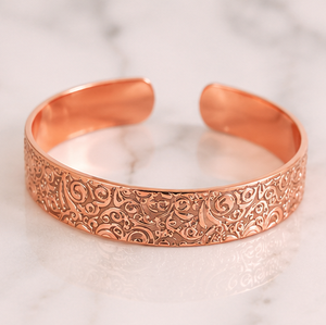 Authentic Ornate <b>Engraved</b> Pure Metal Open Cuff <b>Bangle</b> With Embossed Floral Pattern Exquisite Metal Jewelry - Product Image 5