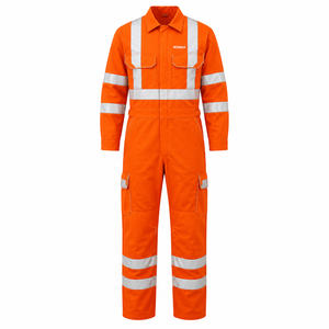 Orange Silver Reflective Spandex Hi Visibility Industrial Work Coverall Heavy Duty <b>Overall</b> Storm Flap Cargo Pockets Reinforced - Product Image 1