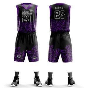 Tenue de basketball personnalisée noire et violette sublimée – Ensemble maillot et short en mesh sans manches à col en V - Product Image 1