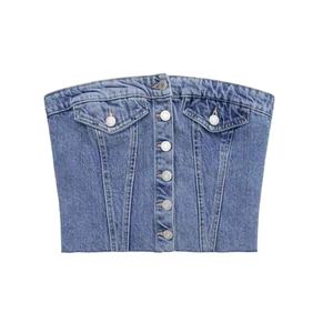 Blusa vaquera informal para mujer 2025 al por mayor, azul liso con botones frontales y volantes deshilachados para primavera y verano - Product Image 1