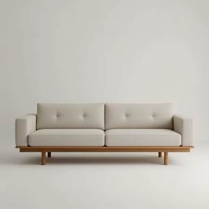 Canapé 3 places en teck moderne avec coussin en tissu capitonné et accoudoirs carrés - Product Image 1