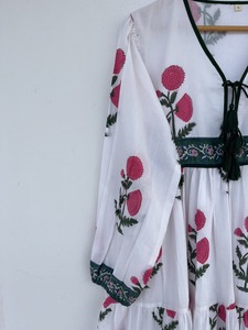 Vestido Maxi de Algodón con Estampado Floral Blanco y Rosa para Mujer, Manga Corta, Cuello Redondo, Silueta en A, Decoración de Encaje, Lavable, Ropa de Verano - Product Image 2