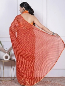 Sari de Otoño KV para Mujer, a Rayas, de Mezcla de Algodón Kota Doria, Reversible, de Secado Rápido, Antiarrugas, con Blusa Sin Coser (Naranja) - Product Image 4