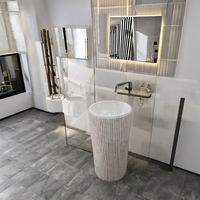 Lavabo sur pied de luxe moderne en marbre blanc, vasque ronde autoportante finition polie pour salle de bain, hôtel, hôpital, villa