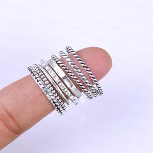 925 Sterling <b>Silver</b> Multi Layer <b>Stacking</b> <b>Rings</b> Set Oxidized Wide Band <b>Ring</b> Twisted Rope Hammered Textured Boho Statement Jewelry - Product Image 2