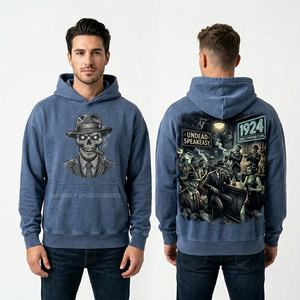 Sweat à capuche bleu délavé à l'acide, imprimé graphique Undead Speakeasy Mobster, thème jazz vintage, pull personnalisé, streetwear squelette mafia - Product Image 1