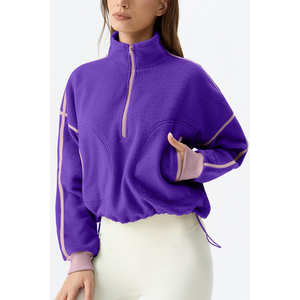 Sudadera extragrande de forro polar morado para mujer Harry Johnson con media cremallera, cuello alto, hombros caídos, manga larga y corte cropped, ideal para otoño. - Product Image 3