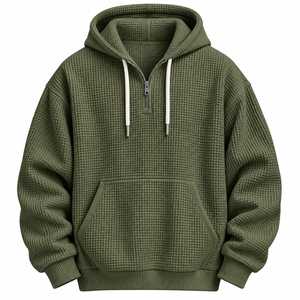 Sudadera con capucha de punto gofrado con cremallera de un cuarto, ecológica, transpirable, verde oliva, con bolsillo canguro - Product Image 3