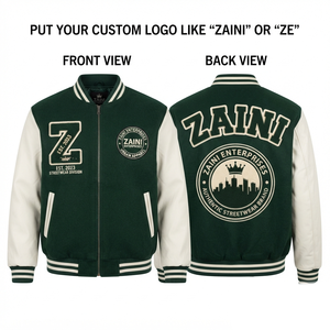 ZAINI Premium 450 GSM Wool Blend Windproof Stand Collar Varsity <b>Jacket</b> Green White <b>Leather</b> Sleeves Chenille Patch Custom Logo - Product Image 1