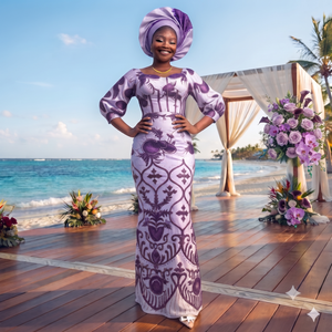 Vestido de Encaje George con Bordado Borgoña |   Vestido Maxi Tradicional Africano de Lujo para Mujer, para Bodas y Fiestas - Product Image 3