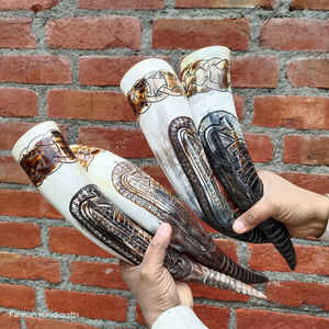 Corne à boire en corne de taureau naturelle, sculptée à la main, style bateau viking, mug à bière premium au meilleur prix - Product Image 6
