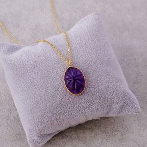 Carved Amethyst Hand Oval Shape Pendant <b>Necklace</b> 18K Gold Plated <b>Brass</b> Bezel Set Handmade Elegant Charm <b>Necklace</b> - Product Image 2