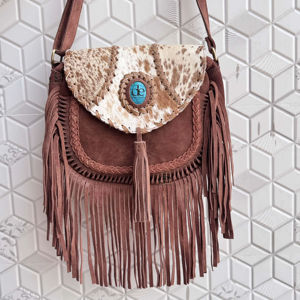 Bolso de Mano con Flecos de Cuero Vacuno, Bolso Bandolera con Piedra Turquesa, Estilo Bohemio Gitano Vintage, Hecho a Mano, Nuevo Diseño, Multiusos, Elegante - Product Image 1