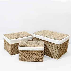 Natural Rattan Storage Baskets Rectangle With Lid Eco-Friendly <b>Rustic</b> Multi-Purpose Neatening Organizer Set - Product Image 4