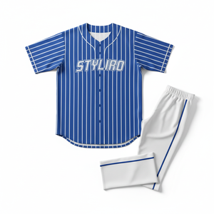 Styliro <b>Baseball</b> Jersey Men's Blue Pinstripe Short Sleeve Polyester Breathable Regular Fit With Elastic Waist Pants Set - Product Image 1