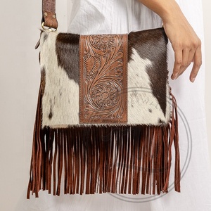 New Real Hand Tooled Floral Print Cowhide Fur Leather Tote Bags Stylish Western Lady Evening Bag Tooled Clutch <b>Unique</b> Combo Sets - Product Image 2