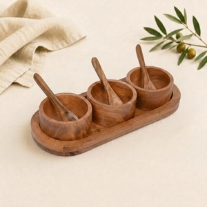 Handcrafted Acacia Wood <b>Condiment</b> Bowl Set with <b>Tray</b> and Spoons 3-Piece Spice Organizer & Eco-Friendly Serving Dish for Sale - Product Image 5