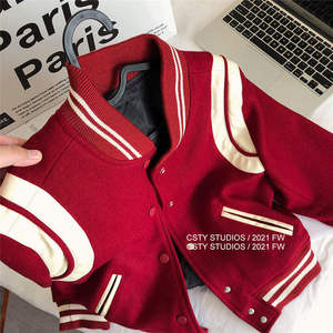 Fashion <b>Red</b> Varsity Knitted <b>Jacket</b> with Patchwork Regular Length <b>Waterproof</b> - Product Image 6