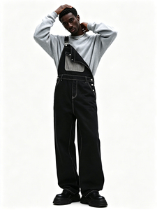 Nouvelles salopettes en jean noir pour homme 2026, avec surpiqûres contrastées, coupe ample, style streetwear, combinaison de travail - Product Image 5
