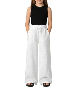 Pantalons larges en pur coton pour filles, printemps/automne, pantalons longs droits pour enfants de taille moyenne/grande, respirants, couleur unie avec poches - Product Image 2
