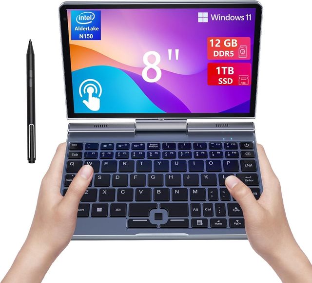 KOO FORWAY Mini Laptop 8 inch HD Touchscreen Portable, Win 11 Pro Small Gaming Laptop, N150 12 GB LPDDR5 1TB M.2 SSD