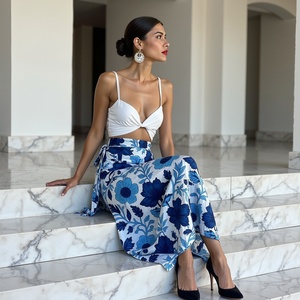 Elegante falda gitana Bohemia para mujer hecha a mano de algodón puro Vibrant Gorgeous Blue Black Border Floral Print - Product Image 1