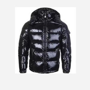 Blouson matelassé noir brillant en toile pour homme, à capuche, col montant, coupe-vent, décontracté, pour l'hiver, coupe droite, fermeture éclair, logo frontal - Product Image 2