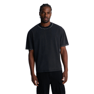 Men's Black Solid Color Short Sleeve O-Neck gemstones T-Shirt Regular Fit 100% Cotton Jersey Knitted Plain Dyed Blank Design - Product Image 2