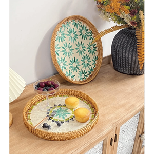Rattan Trays with mother of pearl inlay natural rattan and shell material for home decor serving tray Vietnam - Product Image 1