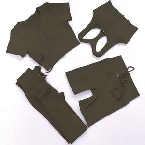 Ensemble de yoga côtelé 4 pièces pour femme : haut court zippé, soutien-gorge dos nageur, leggings et shorts - Product Image 4