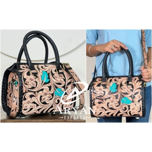 Bolso de Hombro de Cuero Genuino Hecho a Mano, Diseño Floral Mediano, Tipo Satchel, de Lujo, para Viaje, Unisex - Product Image 1