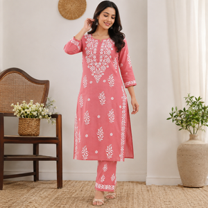 Kurti droit en coton rose corail brodé à la main style Lucknowi Chikankari - Tunique ethnique élégante pour femme - Product Image 1