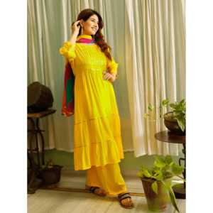 Ensemble de salwar kameez décontracté en rayonne jaune safran, taille XS, Inde, Pakistan - Product Image 4