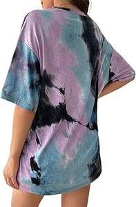 T-shirt en toile à col rond pour femme, motif tie-dye, manches courtes, broderie vintage, délavage acide, respirant, vente en gros - Product Image 2