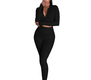 Conjunto de yoga de 2 piezas para mujer, top corto gris con cuello en V y manga larga, leggings de cintura alta - Product Image 5