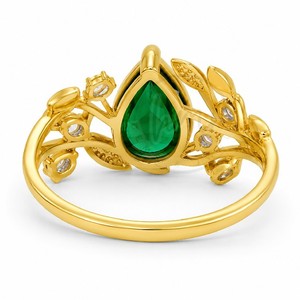 Bague ajustable en laiton plaqué or, forme poire, émeraude et zircon, motif feuille de vigne, inspirée de la nature, pour femme, tendance - Product Image 3