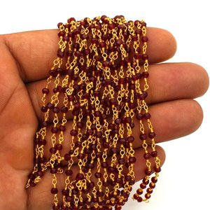 Chaîne de chapelet en grenat hydrofugé, perles rondes facettées de 3 mm, chaîne enroulée de fil plaqué or pour la fabrication de bijoux - Product Image 6
