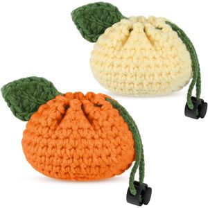 Handmade 2 Pcs <b>Cute</b> Tangerine Shaped Coin <b>Purses</b> Small Crochet Storage Drawstring Change Pouches Woven Knitting Wallets - Product Image 1
