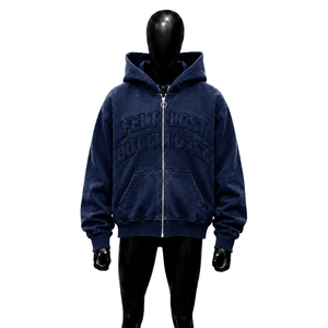 Sudadera con capucha vintage azul marino con cremallera, diseño 'Feel Lost But Im Back' bordado, estilo oversize, lavado, streetwear, con letras frontales. - Product Image 1