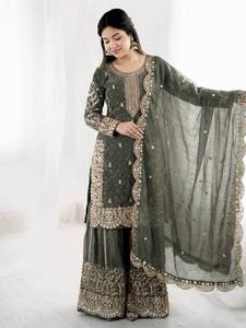 Ensemble de costume Anarkali pour femmes, traditionnel indien pakistanais, en soie brodée, sans plis, extensible, longueur normale, vert - Product Image 4
