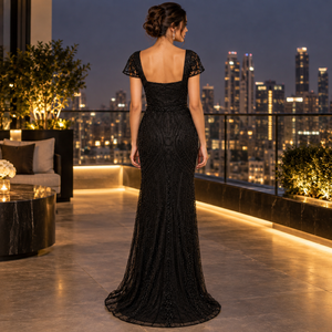 Women's Black Beaded Sequin Mermaid <b>Evening</b> <b>Dress</b> | Sheer Sleeve Floor Length Formal Gown Elegant Party <b>Wedding</b> Guest <b>Dress</b> Gown - Product Image 3